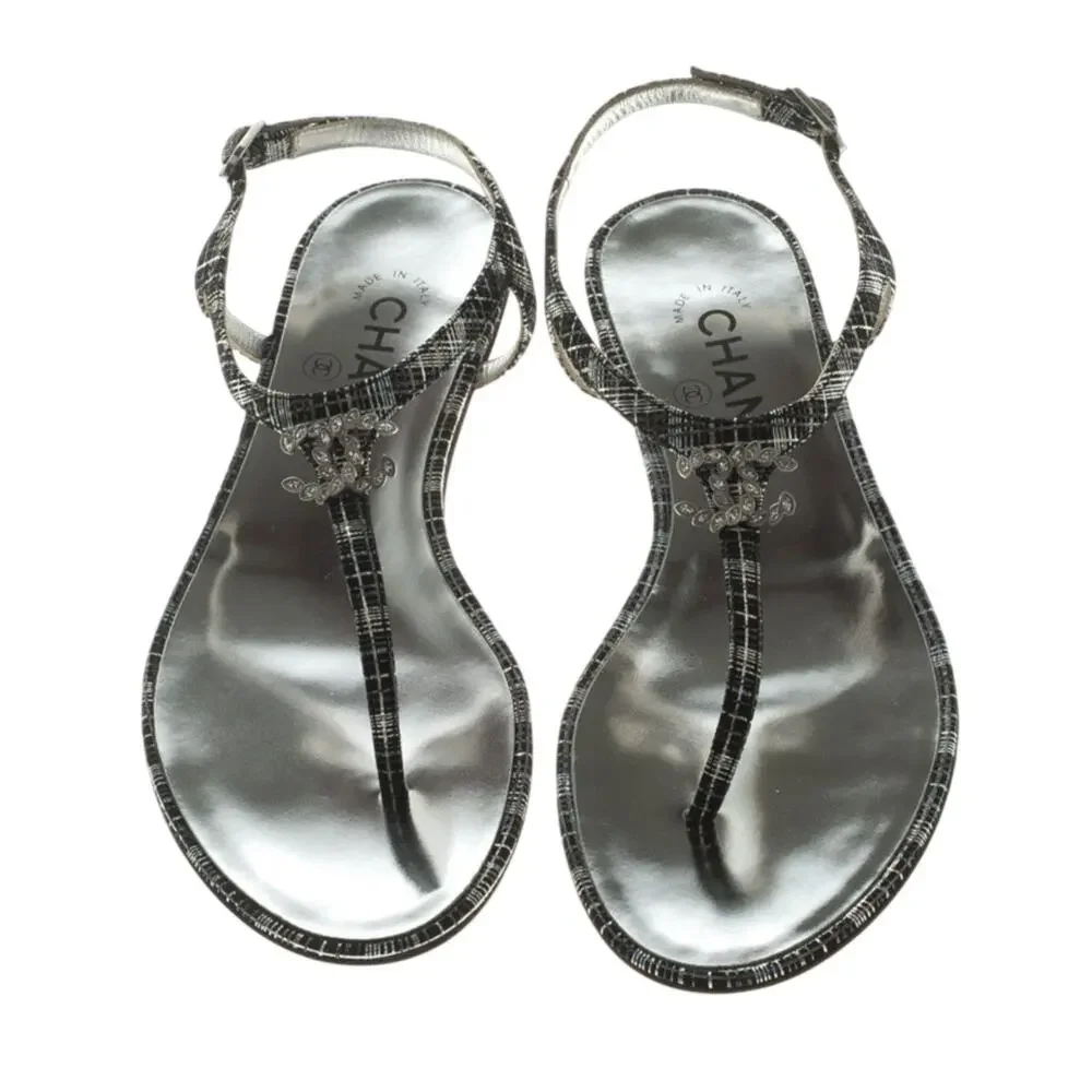 CHANEL Black Metallic Tweed Crystal CC Ankle T Strap Thong Flat Sandals 37.5